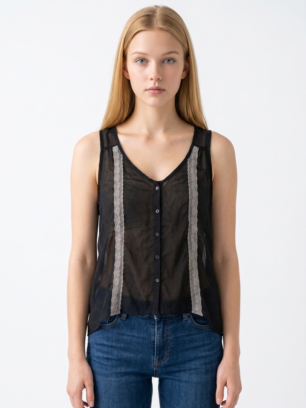 LOVE SQUARED | Sheer Button Front Tank Top Black